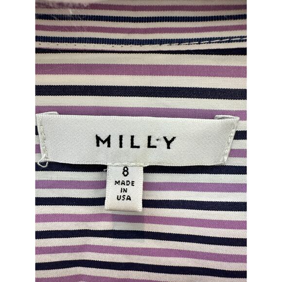 MILLY | Striped Bell Sleeve Blouse Purple Navy Cotton Top | Size 8 - Picture 6 of 8